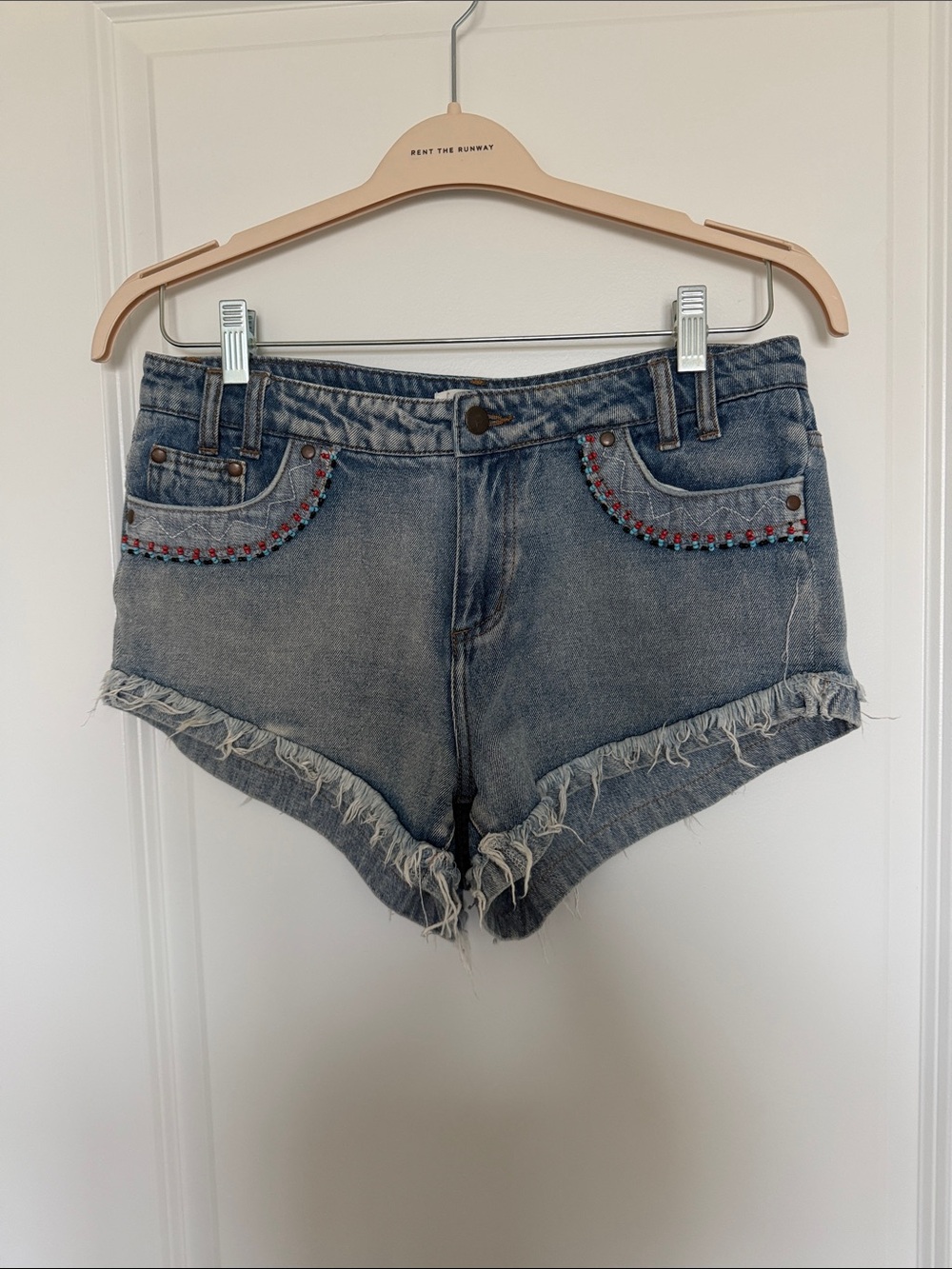 Washed Blue Denim Frayed Hem Shorts with Beaded Pocket Trim